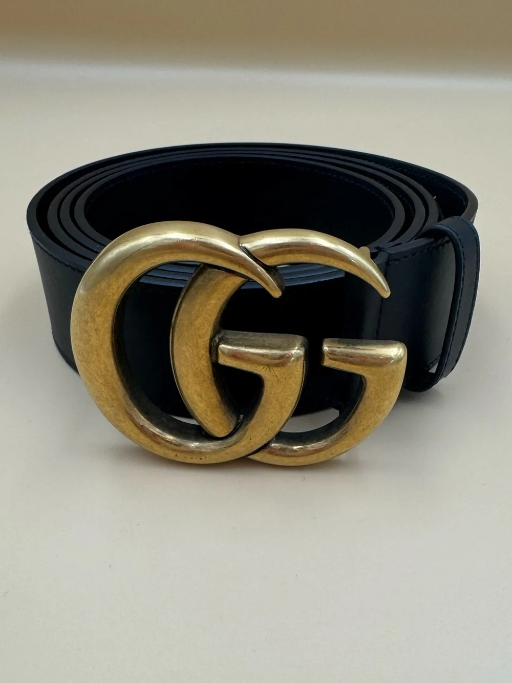 Gucci GG Marmont Wide Leather Belt Black 40mm Antique Brass Double G 120